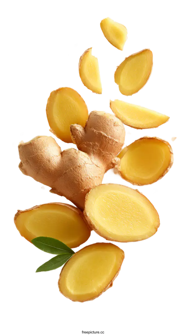 [Transparent Background PNG]Fresh Ginger Slices and Root Display