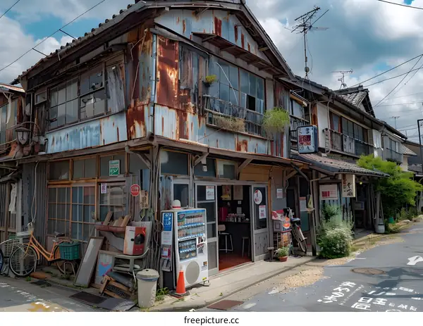 A run-down house with a rusty corrugated iron exterior and a bicycle parked outside