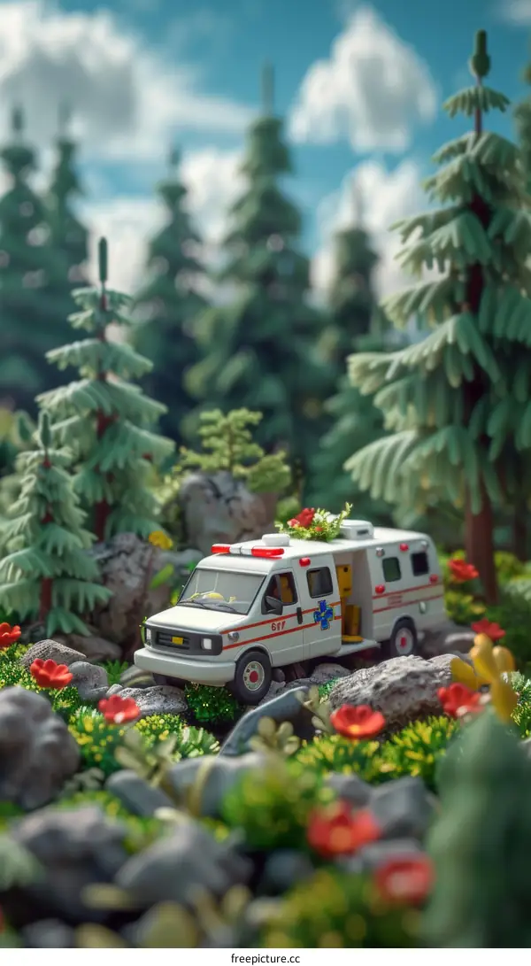 Ambulance in the middle of a dense pine forest