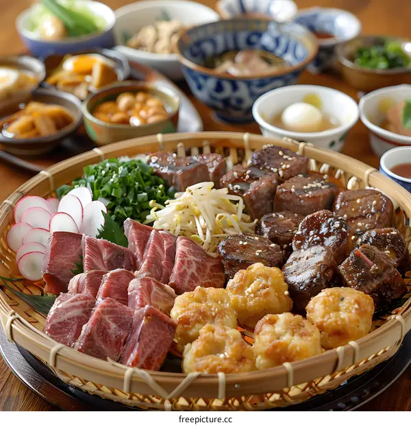 A delicious meal of beef, pork, and vegetables