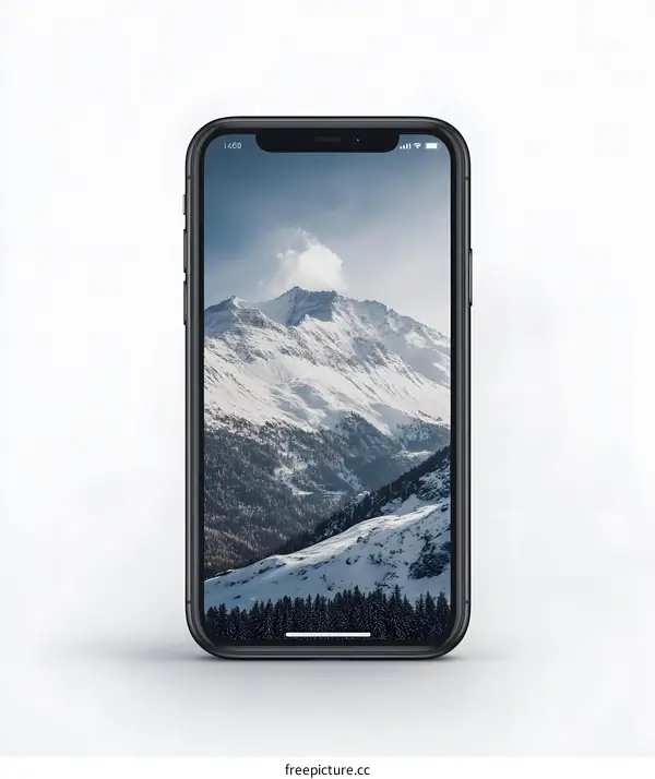 Black Smartphone Displaying Mountain Landscape Phone Screen Mockup