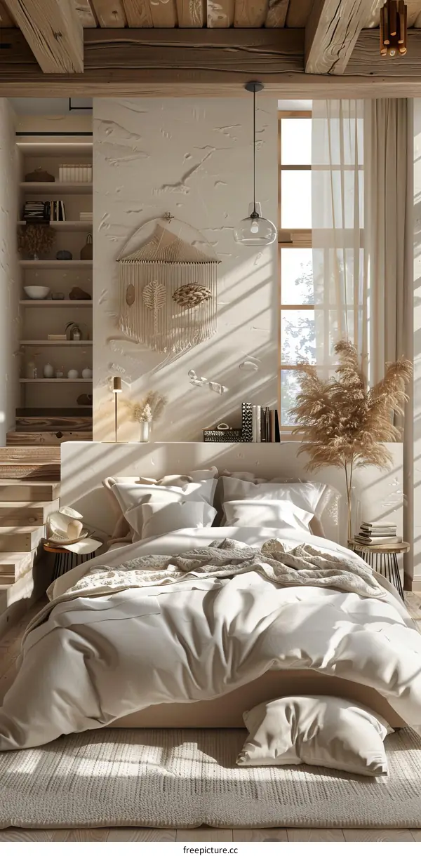 Beige Bedroom Interior with Wooden Beams and Bohemian Decor