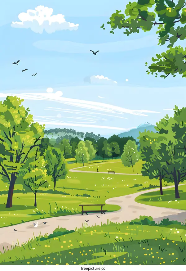 Green Park Landscape Illustration with Bench and Walking Path