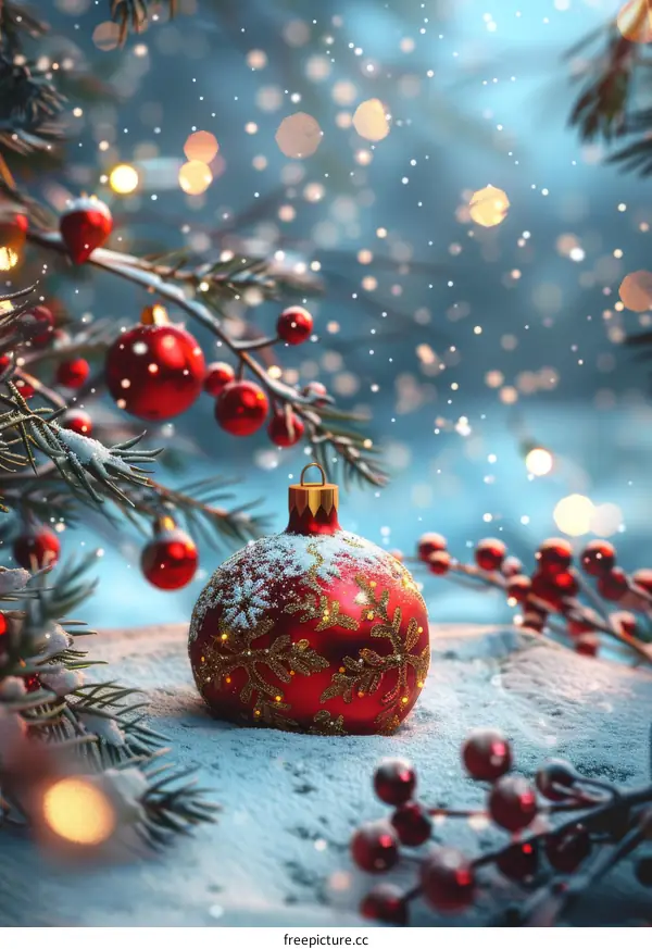 Christmas Red Balls and Snowy Scene
