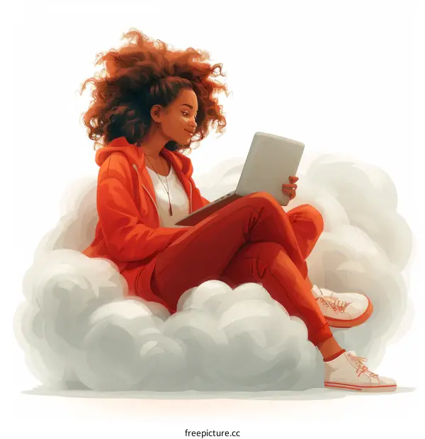 A young black woman sits on a cloud and uses a laptop