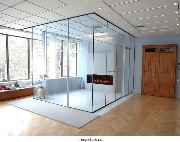 Modern Glass Partition Office Lounge with Fireplace
