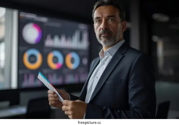 Businessman reviewing financial data on a digital screen