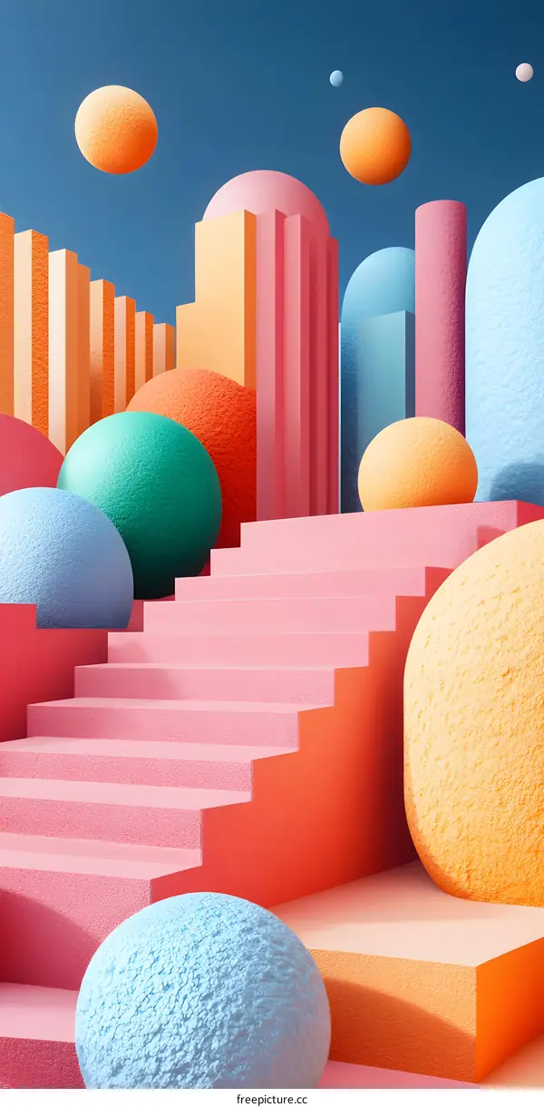 Abstract 3D Background with Stairs and Colorful Spheres