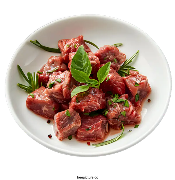 [Transparent Background PNG]Raw beef cubes with herbs and spices