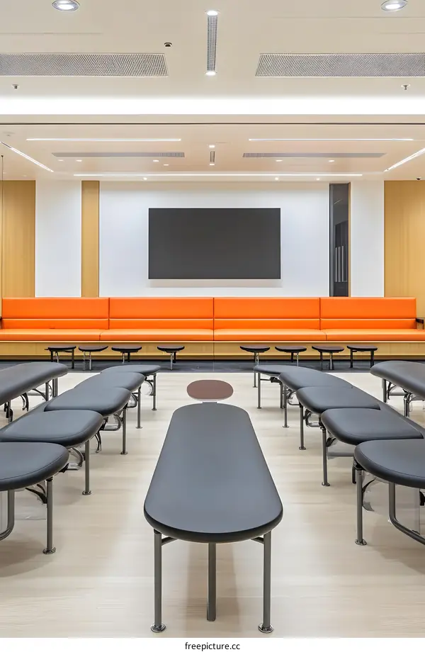 Modern Office Lobby With Orange Sofa And Black Benches