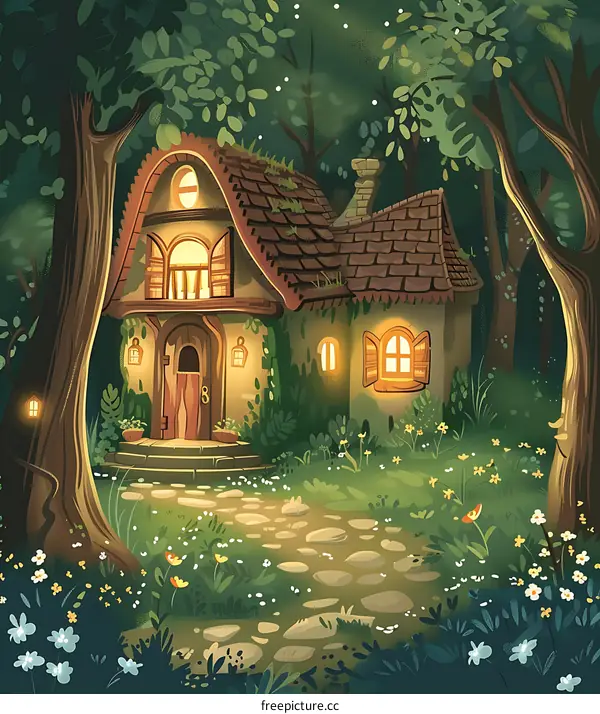 Cozy Cottage in the Woods at Night