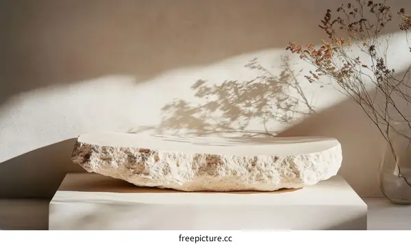 Natural Stone Display Platform with Sunlight and Dried Flowers