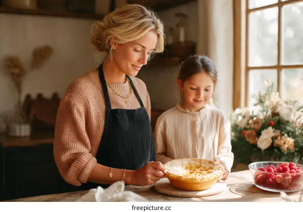 Mother and Daughter Baking a Pie in the Kitchen