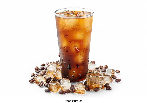 [Transparent Background PNG]Iced Coffee with Ice Cubes and Coffee Beans