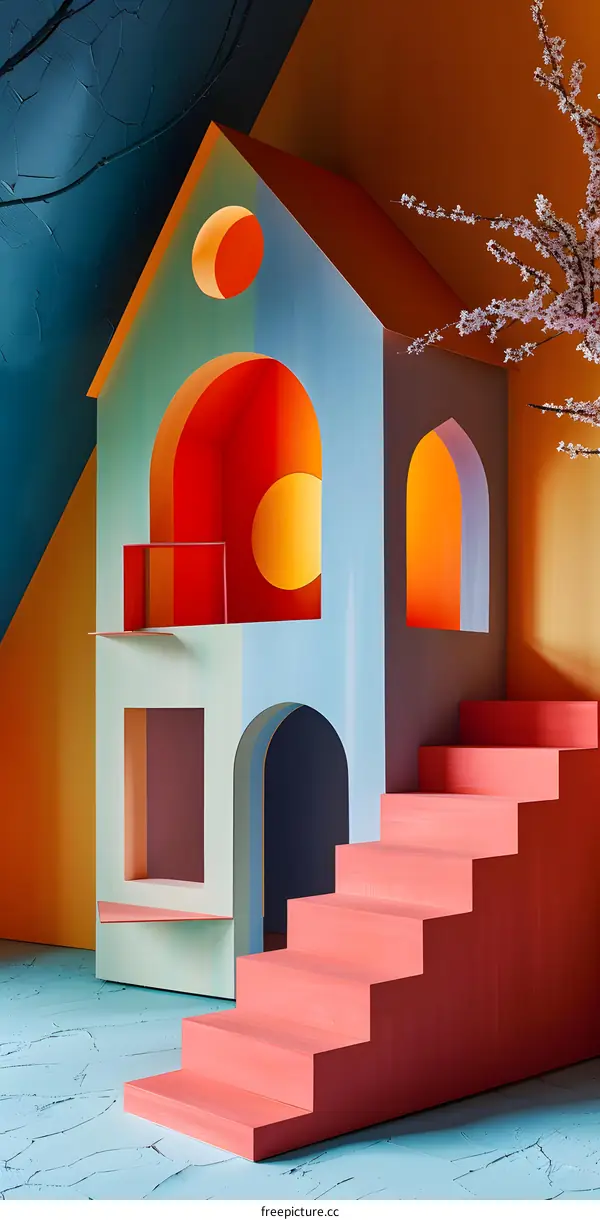 Abstract Colorful House with Stairs and Flowers