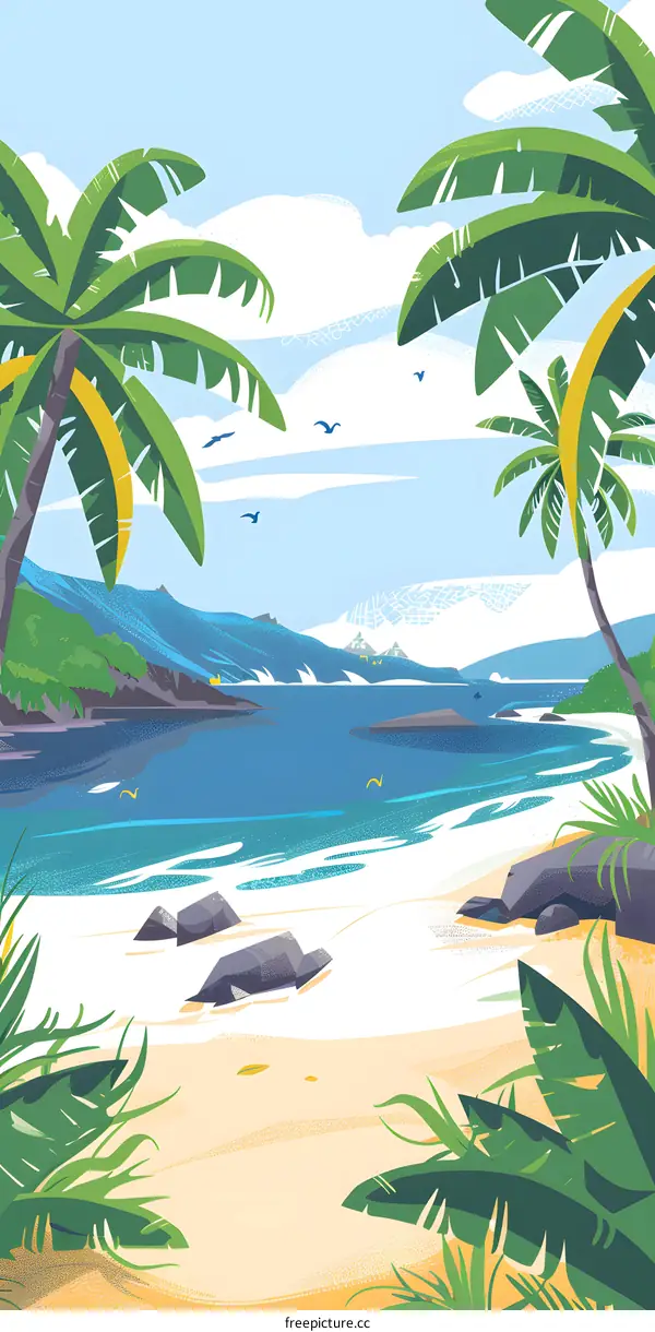Tropical Beach Scene with Palm Trees and Blue Ocean