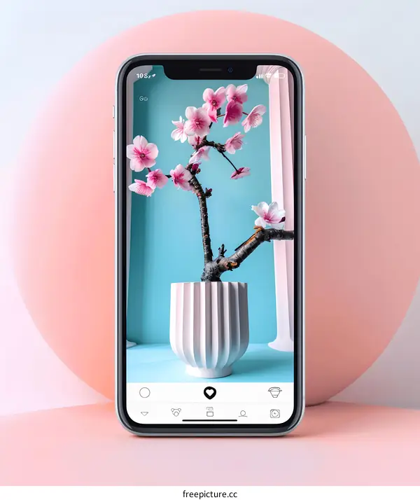 Pink Flower Branch In White Pot On Blue Background On Phone Screen