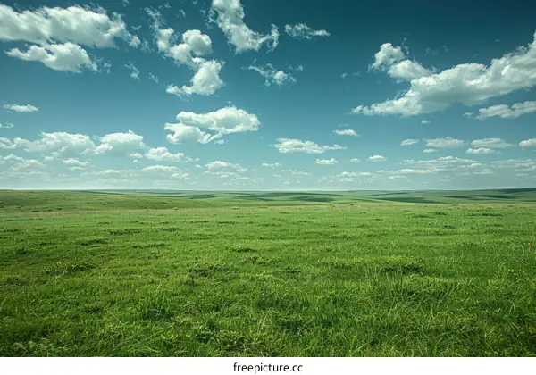 Vast green grassland under blue sky and clouds