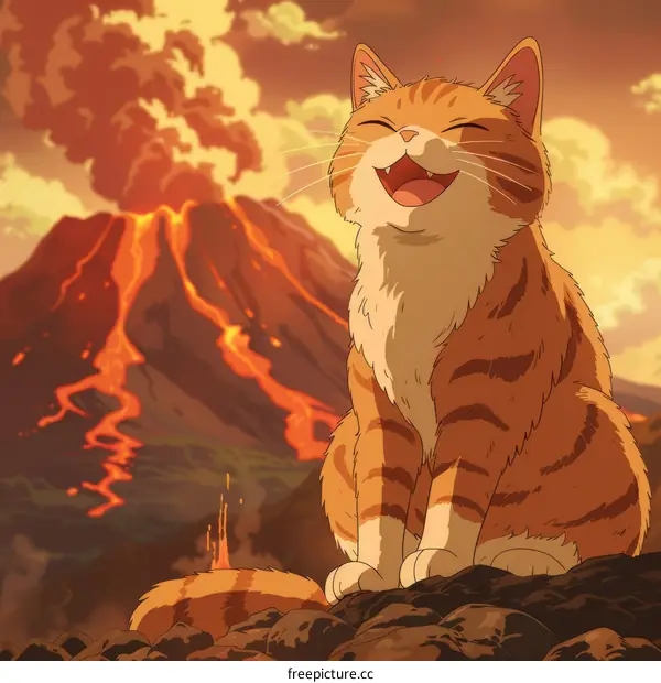 Cat sitting on a rock in front of a volcano