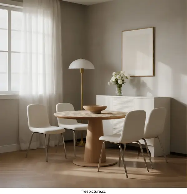 Minimalist dining room with round wooden table and white chairs
