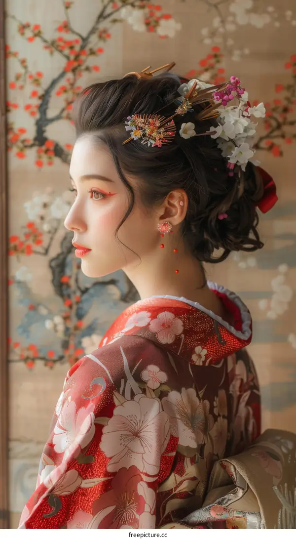 Portrait of a Japanese Woman in Traditional Red Kimono with Flowers