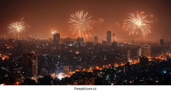 Fireworks light up the night sky over a city during Diwali