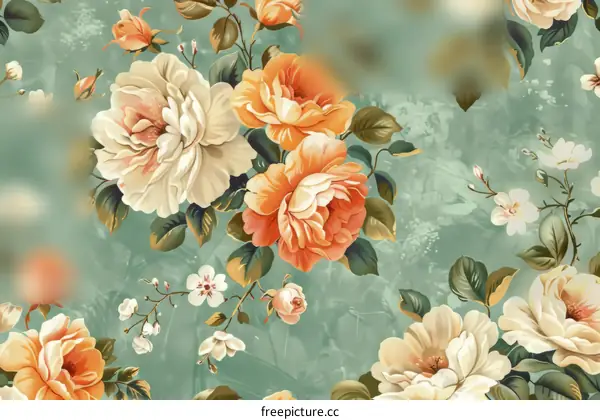 Orange and white roses with green leaves on a light green background