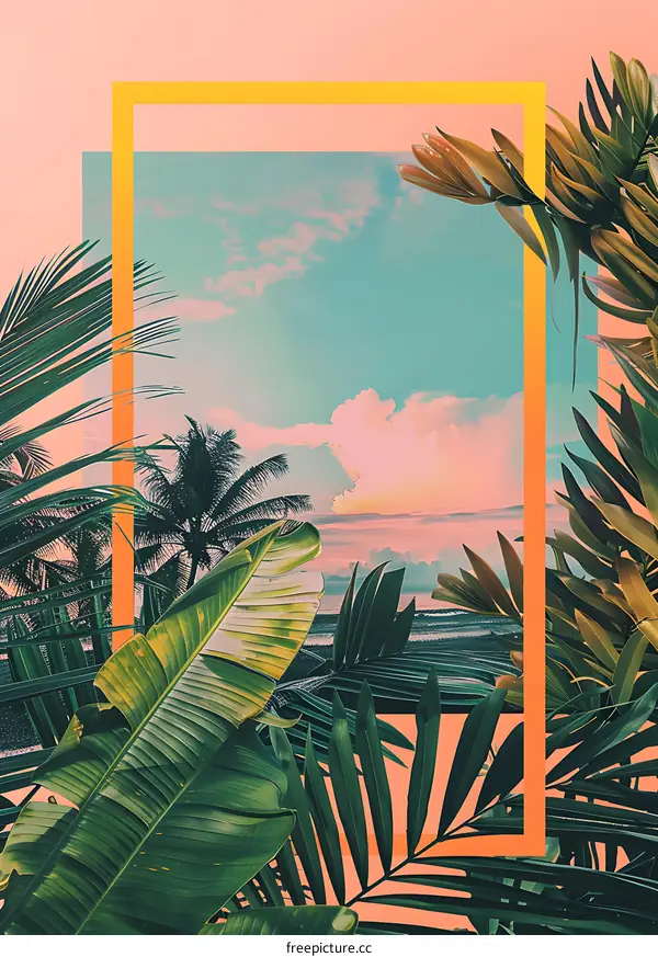 Tropical Leaves and Sunset Sky Framed in Yellow and Blue