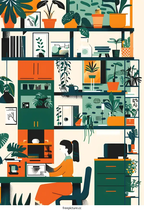 Woman working in home office with many plants