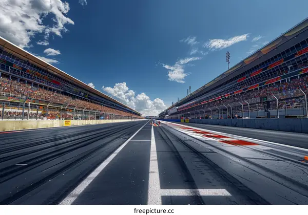 A long and empty racetrack with a blue sky and white clouds