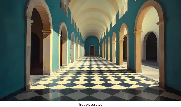 Arched Hallway with Checkered Floor
