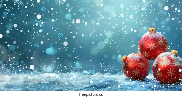 Red Christmas Ornaments on Snowy Background