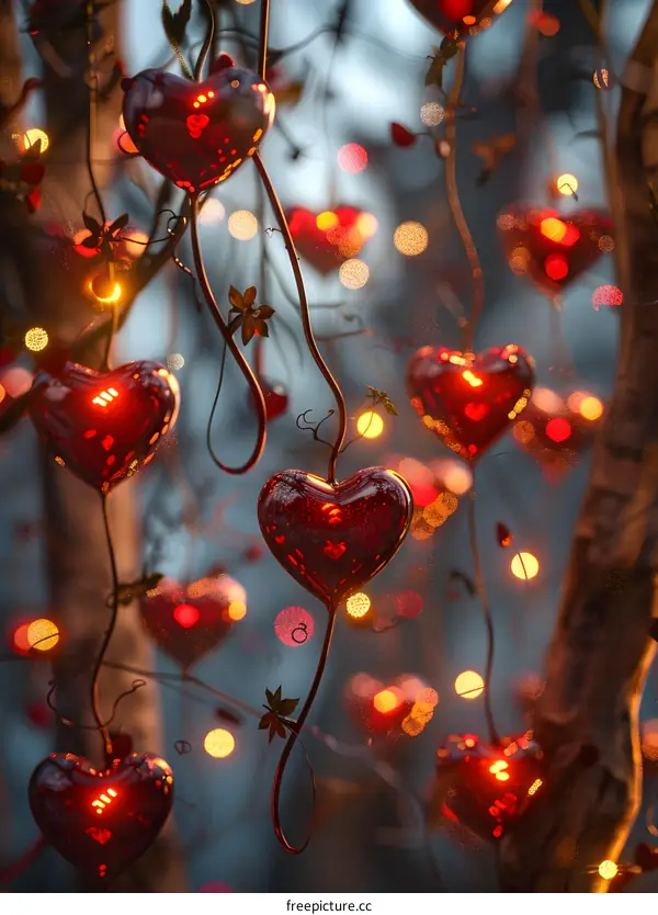 Red glass hearts hanging in a tree