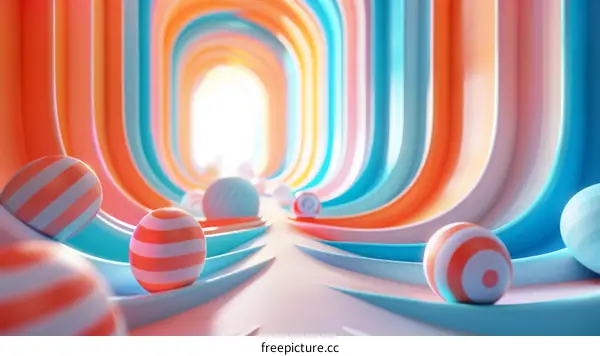 Colorful 3D rendering of a curved tunnel with balls