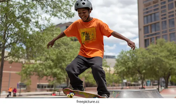 Young African American Boy Skateboarding in a Skatepark