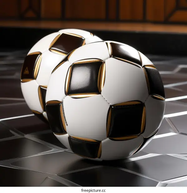 Two Black and White Soccer Balls with Gold Accents