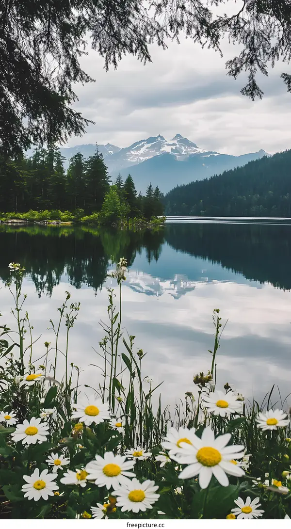 Mountain Lake with Daisies and Reflection