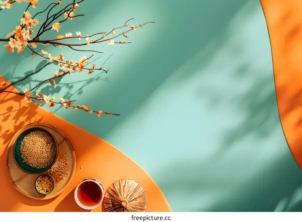 Minimalist Flat Lay with Tea, Flower Branch, and Seeds