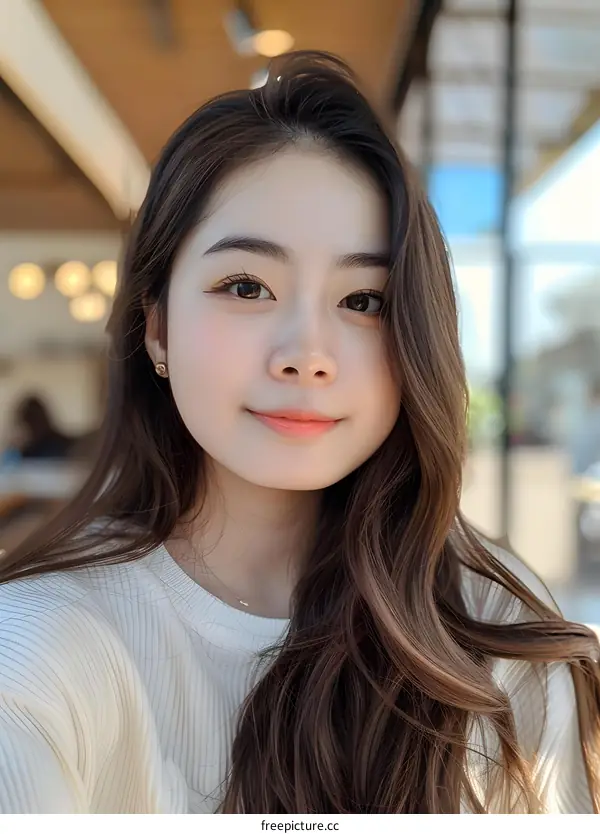 Young Asian Woman With Long Hair Smiling At The Camera