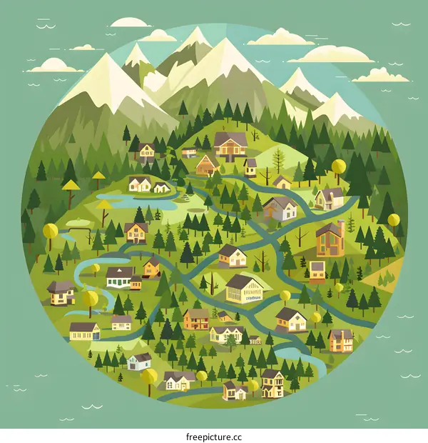 Village in a Valley Surrounded by Mountains