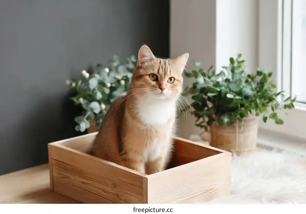 Ginger Cat Sitting in a Wooden Box by the Window