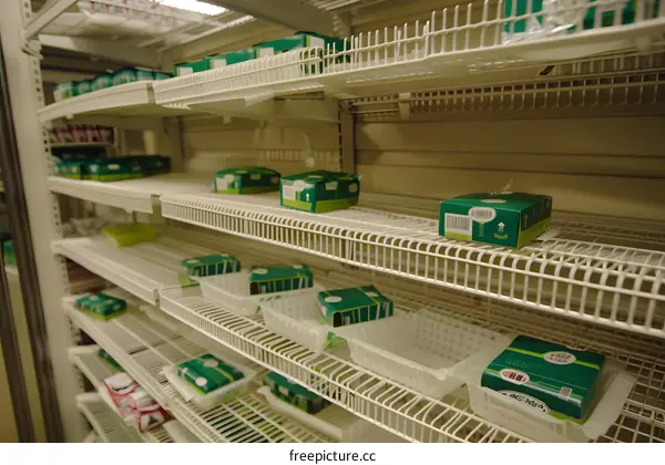 Green Boxes On Wire Shelves In A Store