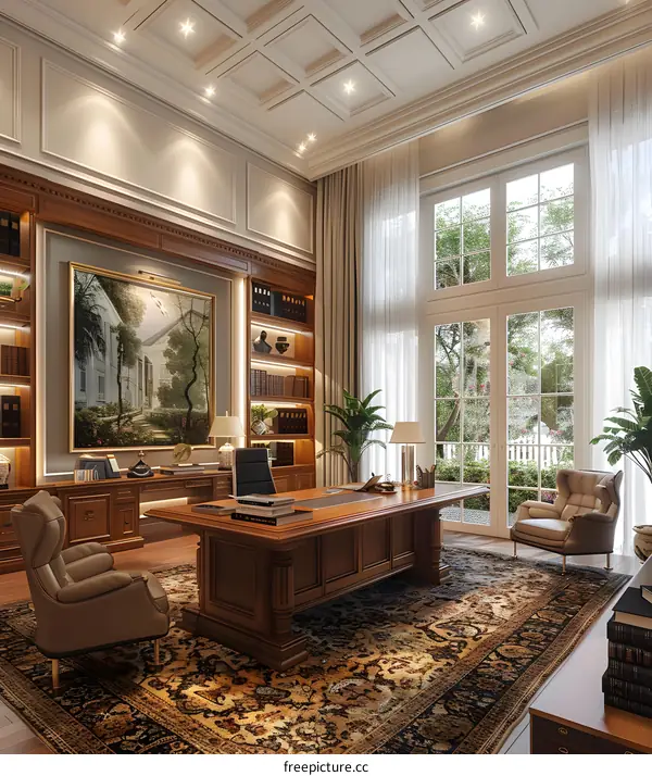 Luxurious home office with large windows and a beautiful view