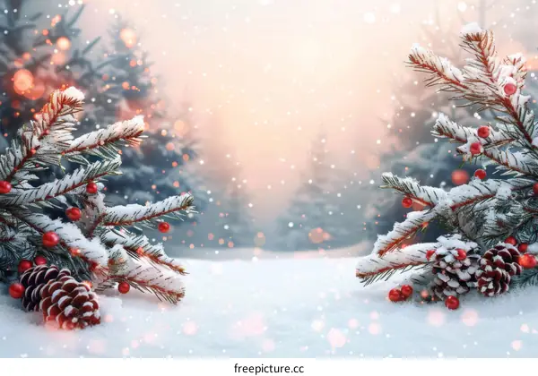 Christmas Greenery in Snowy Winter Landscape