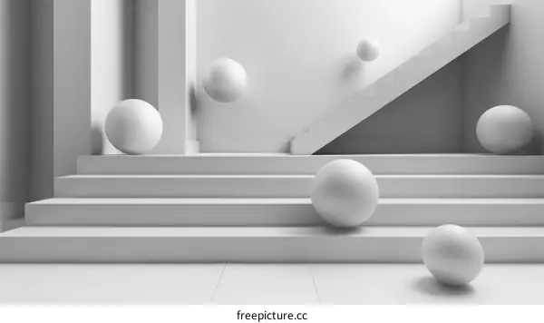 Modern Minimalist Room with Floating Spheres and Staircase Render