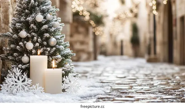 Snowy Christmas Alley with Candles and Tree