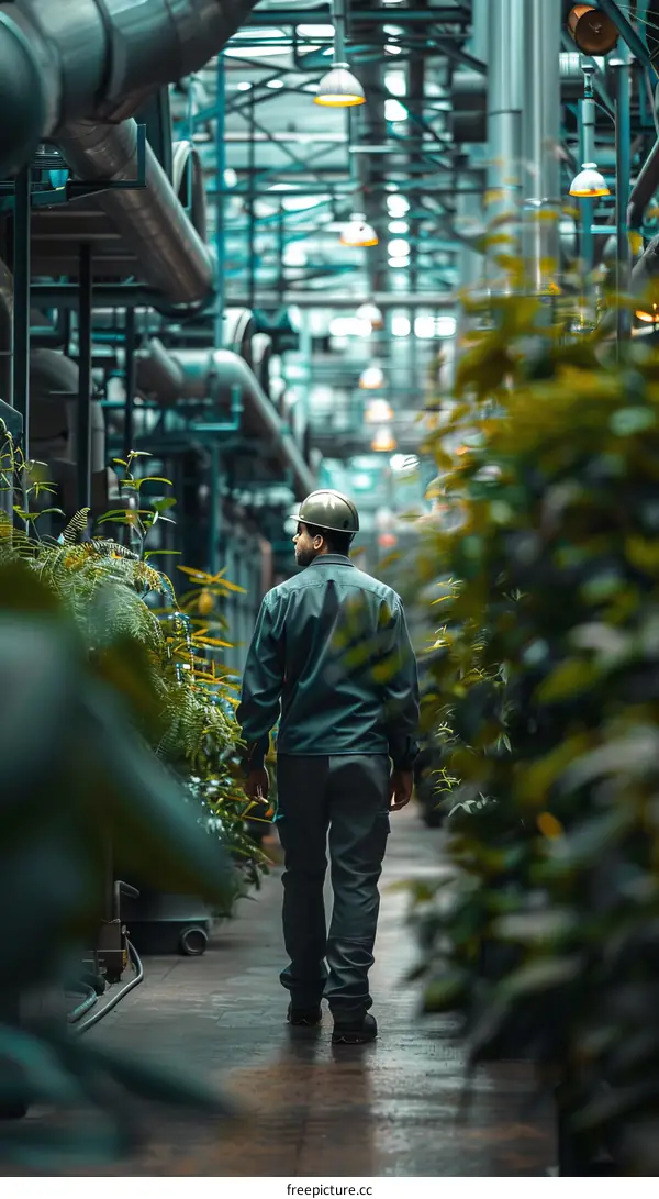 A man in a hard hat walks through a greenhouse