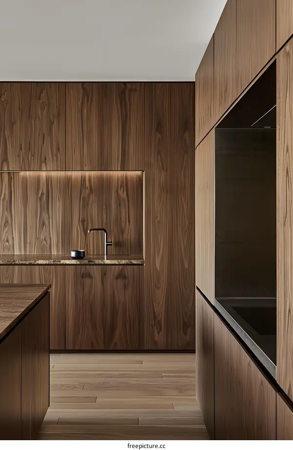Modern Kitchen Design with Walnut Wood Cabinets and a Minimalist Style