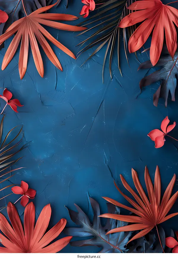 Tropical Leaves and Flowers on Blue Background