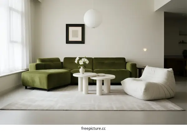 Modern Living Room with Green Sofa and White Bean Bag